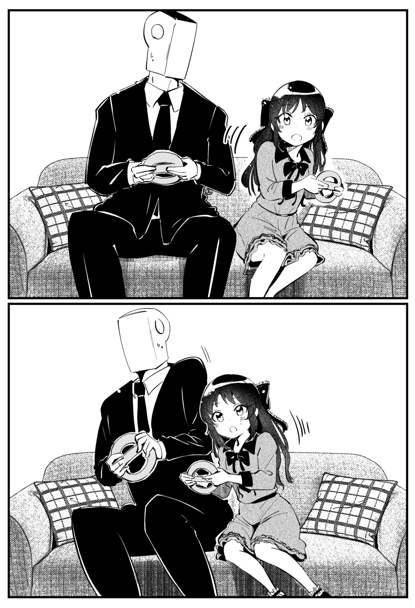 1boy, 1girl, absurdres, bow, bowtie, controller, formal, game_console