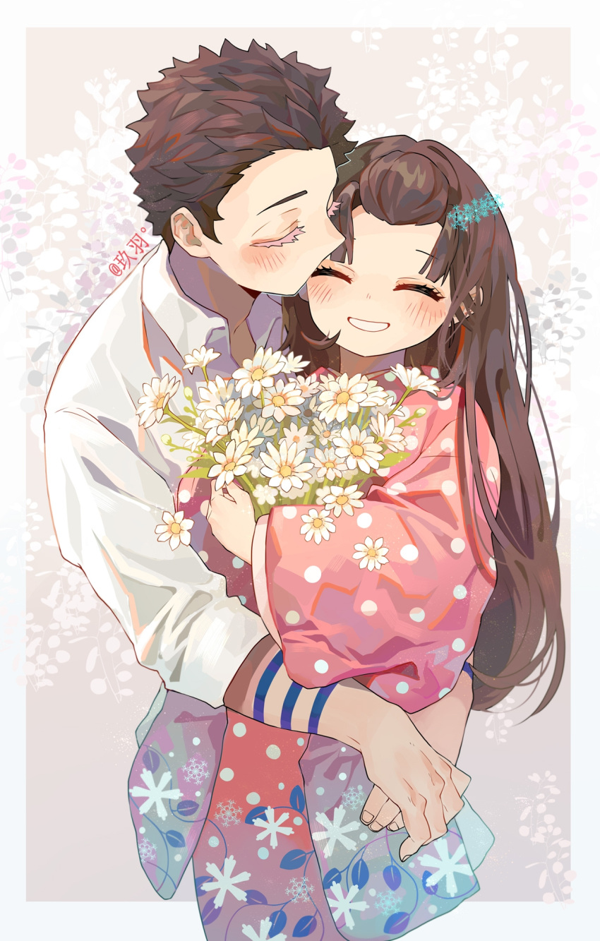 1boy, 1girl, alternate_hairstyle, arm_tattoo, artist_name, black_hair, brown_hair, collared_shirt, colored_eyelashes, couple, cowboy_shot, facing_viewer, flower, gradient_clothes, gradient_kimono, grey_background, hair_down, hair_ornament, hair_pulled_back, hakuji_(kimetsu_no_yaiba), happy, hetero, highres, holding, holding_flower, hug, japanese_clothes, jiuyu0, kimetsu_no_yaiba, kimono, kiss, kissing_forehead, koyuki_(kimetsu_no_yaiba), long_hair, long_sleeves, mismatched_eyelashes, outside_border, own_hands_together, pink_kimono, polka_dot, polka_dot_kimono, shirt, short_hair, snowflake_hair_ornament, snowflake_print, tattoo, very_long_hair, vine_print, white_flower, white_shirt, wide_sleeves