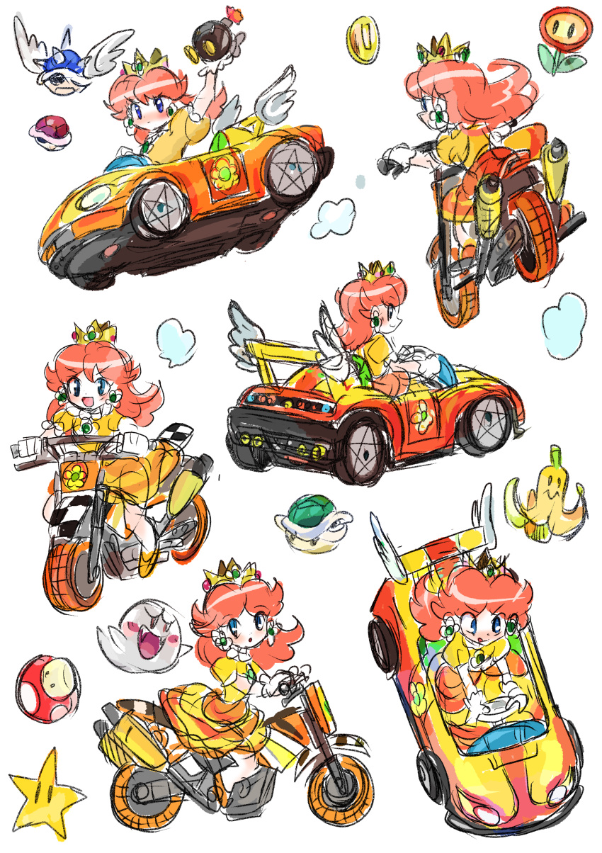 1girl, absurdres, banana_peel, bangs, bicycle, blue_eyes, blue_shell_(mario), bob-omb