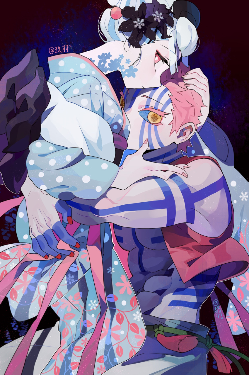 1boy, 1girl, abs, akaza_(kimetsu_no_yaiba), alternate_universe, artist_name, bare_shoulders, black_footwear, blue_hair, blue_kimono, blue_sclera, colored_eyelashes, colored_sclera, covered_mouth, cowboy_shot, demon_boy, demon_girl, eyelashes, facial_mark, facial_tattoo, flower, flower-shaped_pupils, flower_tattoo, full-body_tattoo, hair_bun, hair_flower, hair_ornament, hair_pulled_back, hand_on_another's_head, hands_up, highres, hug, japanese_clothes, jiuyu0, kimetsu_no_yaiba, kimono, koyuki_(kimetsu_no_yaiba), long_sleeves, looking_at_viewer, male_focus, multicolored_hair, nihongami, obi, pants, pink_hair, pink_nails, pink_ribbon, polka_dot, polka_dot_kimono, red_background, red_eyes, red_nails, ribbon, sash, short_hair, sideways_glance, single_hair_bun, sleeveless, streaked_hair, symbol-shaped_pupils, tassel, tattoo, text_in_eyes, toned, toned_male, updo, vine_print, white_hair, wide_sleeves, yellow_eyes