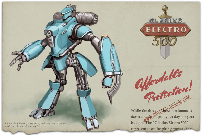 1950s_(style), arm_blade, concept_art, english_commentary, english_text, fake_ad, gladius_electro_500, highres, humanoid_robot, light, logo, machinery, mecha, mike_doscher, no_humans, one-eyed, original, realistic, retro_artstyle, robot, science_fiction, signature, solo, sword, weapon, web_address