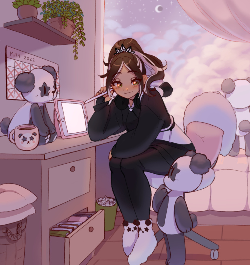 1girl, 2022, absurdres, black_hoodie, black_pants, book, brown_hair, calendar_(object)