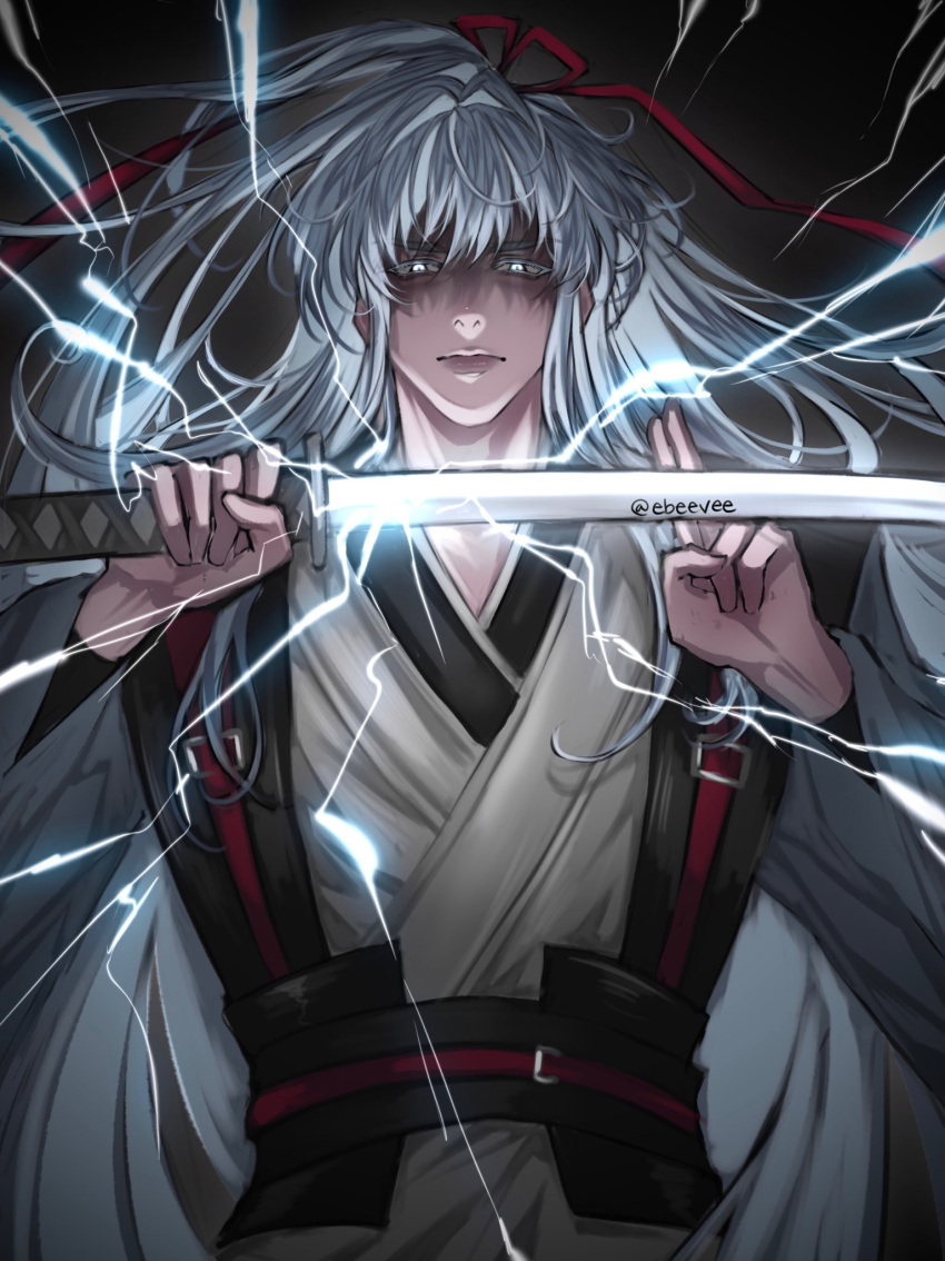 1boy, bangs, blue_eyes, blue_hair, colored_eyelashes, dark_background, electricity, evie_(baoxiao)