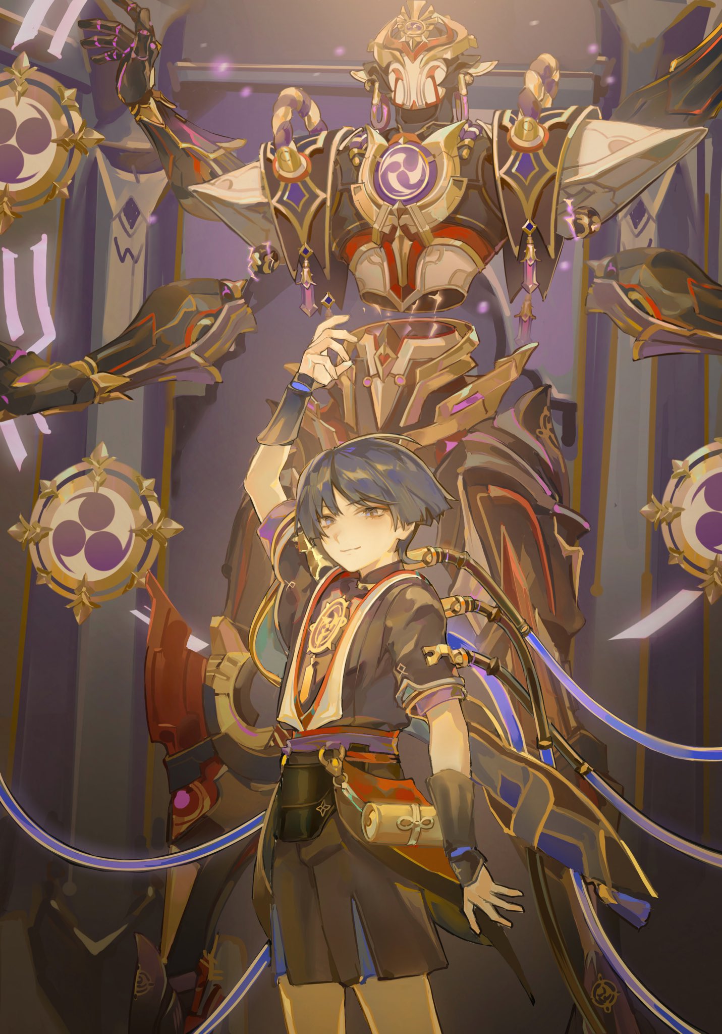 1boy, bangs, black_bridal_gauntlets, black_shirt, black_shorts, black_vest, blue_eyes, blue_hair