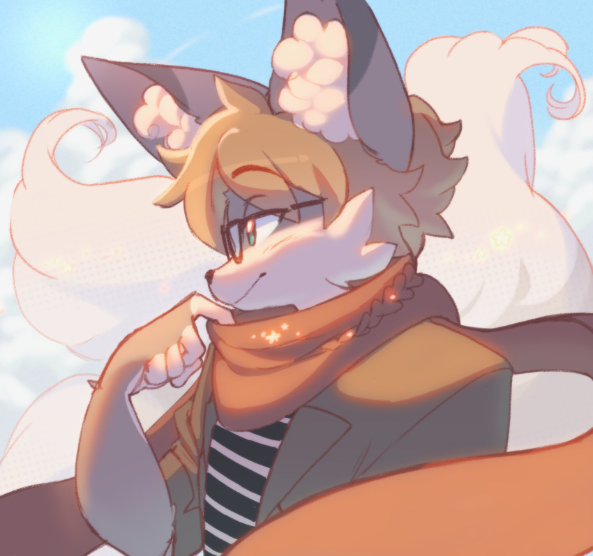 1boy, animal_ear_fluff, blonde_hair, blue_sky, borrowed_character, brown_coat, clouds, cloudy_sky