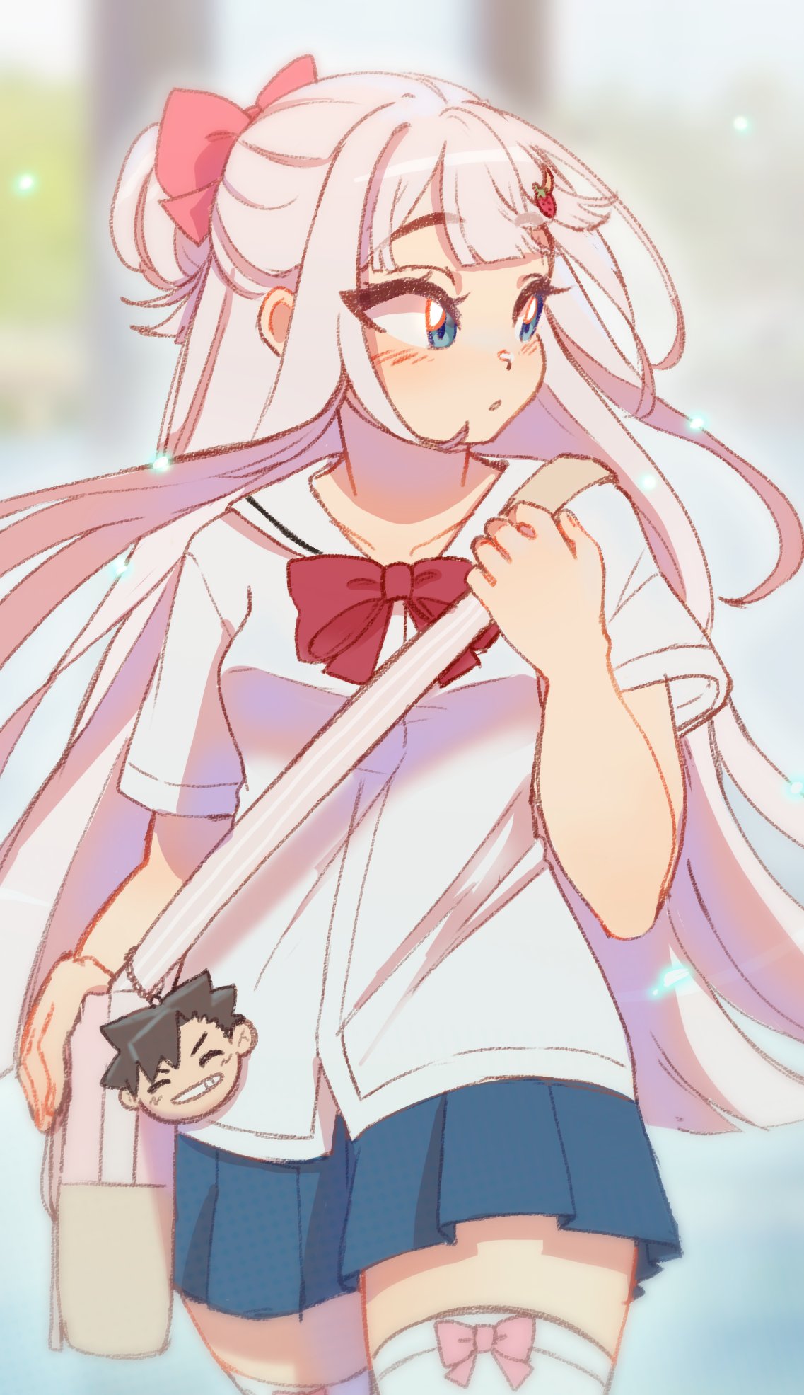 1girl, bag, bangs, blue_eyes, blue_skirt, borrowed_character, bow, breasts