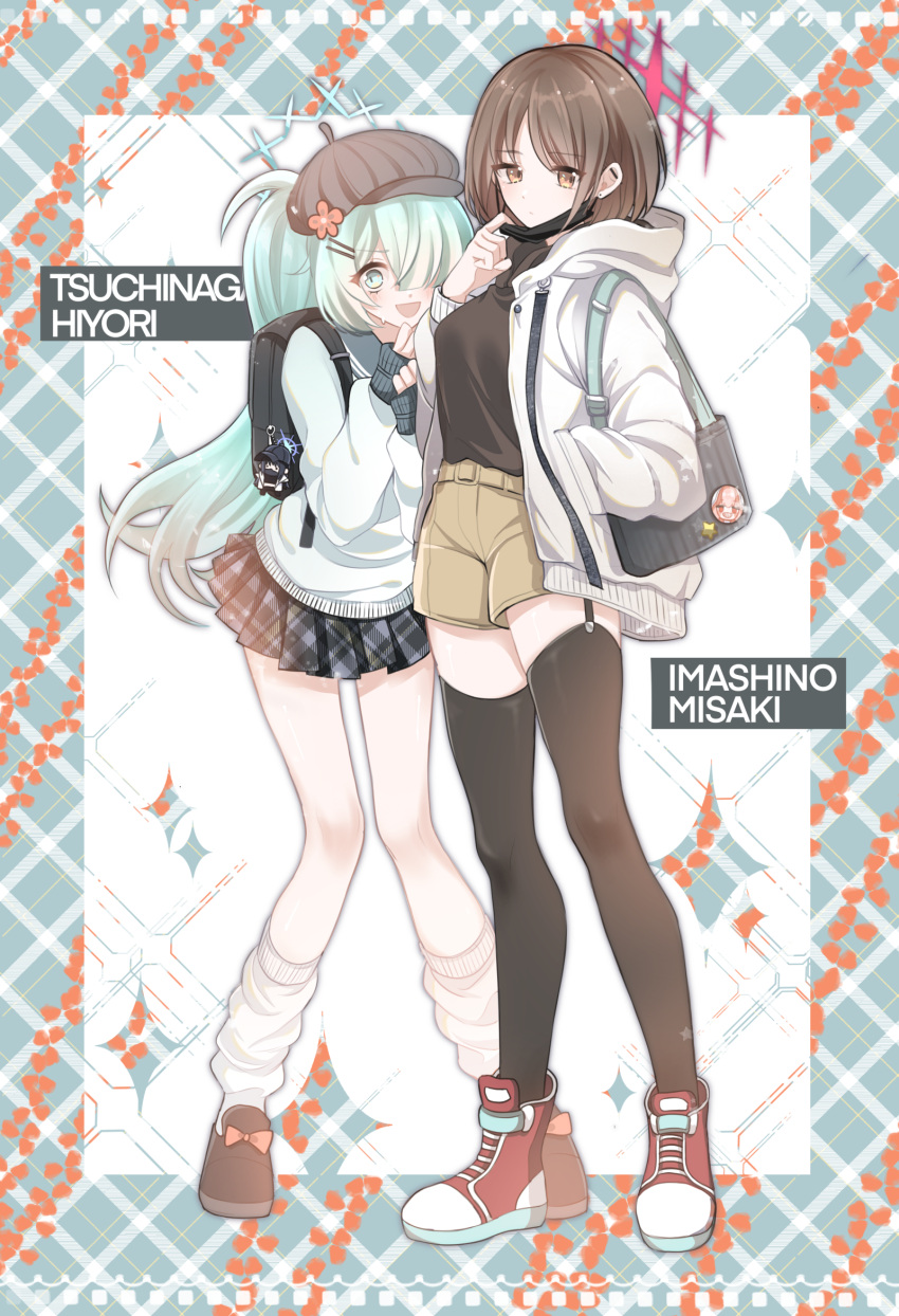 2girls, alternate_costume, atsuko_(blue_archive), backpack, badge, bag, black_mask, blue_archive, blue_hair, brown_hair, button_badge, casual, character_doll, character_name, closed_mouth, english_text, halo, handbag, hat, highres, hiyori_(blue_archive), hood, hooded_jacket, jacket, keychain, long_hair, looking_at_viewer, loose_socks, mask_pull, medium_hair, misaki_(blue_archive), multiple_girls, pleated_skirt, saori_(blue_archive), school_uniform, shadow71580825, shoes, skirt, sneakers, socks, thigh-highs, white_socks