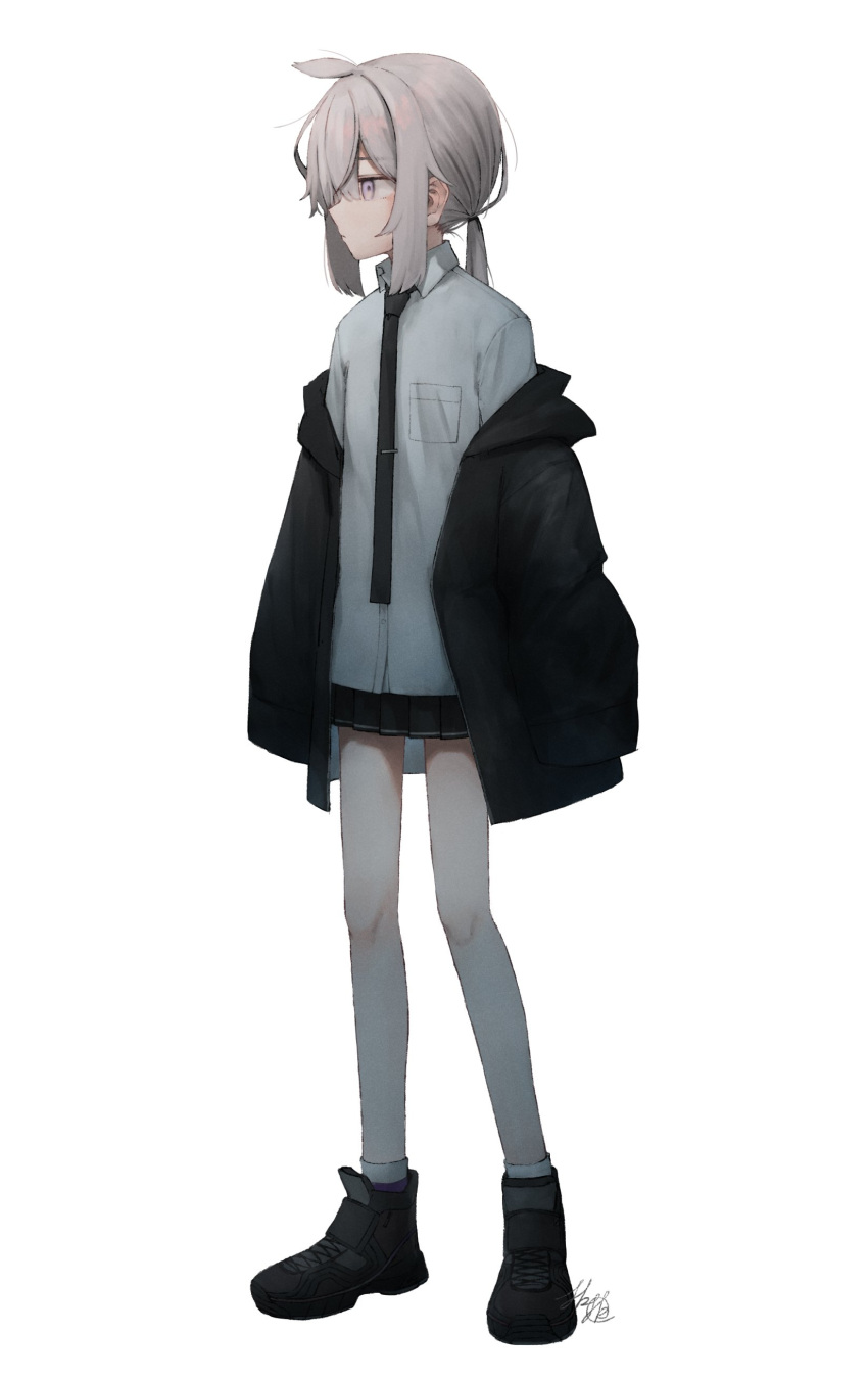 1girl, absurdres, ahoge, bangs, black_footwear, black_jacket, black_necktie, black_skirt