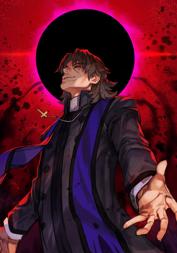 1boy, black_eyes, black_hole, brown_hair, cross, cross_necklace, darkness, evil_smile, fate/grand_order, fate/stay_night, fate_(series), habit, hankuri, jewelry, kotomine_kirei, male_focus, necklace, priest, rasputin_(fate), scarf, smile