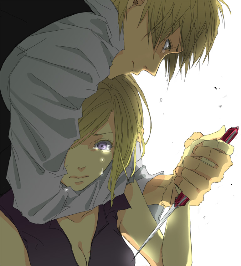 1girl, bad_id, blonde_hair, couple, durarara!!, heiwajima_shizuo, hug, knife, purple_eyes, tears, violet_eyes, vorona, vorona_douglanikov, weapon, xenon_1005