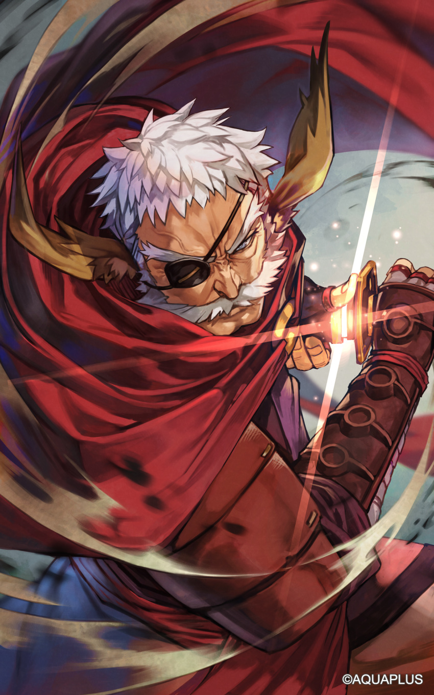 1boy, animal_ears, armor, battoujutsu_stance, cape, commentary_request, eyepatch, facial_hair, fighting_stance, genjimaru_(utawarerumono), glint, grey_eyes, hankuri, highres, holding, holding_sword, holding_weapon, japanese_armor, katana, looking_at_viewer, male_focus, mustache, official_art, old, old_man, one_eye_covered, ready_to_draw, red_cape, sheath, shoulder_armor, sode, solo, sword, unsheathing, utawarerumono, utawarerumono:_itsuwari_no_kamen, weapon, white_hair