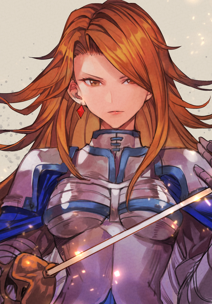 1girl, armor, bangs, blue_cape, boobplate, breastplate, brown_eyes, brown_hair, cape, closed_mouth, earrings, gauntlets, granblue_fantasy, hair_over_one_eye, hankuri, holding, holding_sword, holding_weapon, jewelry, katalina_(granblue_fantasy), long_hair, looking_at_viewer, rapier, simple_background, smile, solo, sword, upper_body, weapon