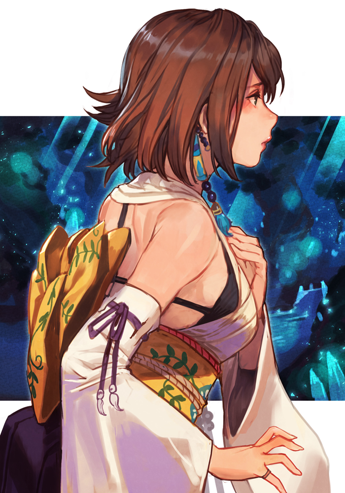 1girl, back_bow, bow, bra_strap, brown_hair, detached_sleeves, final_fantasy, final_fantasy_x