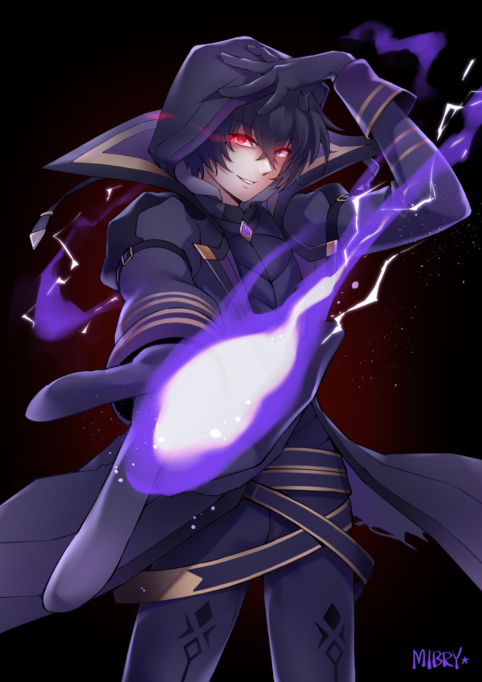 1boy, artist_name, bangs, belt, black_cloak, black_gloves, black_hair, black_pants, black_shirt, cloak, commentary_request, evil_grin, evil_smile, gloves, glowing, glowing_eyes, gold_trim, grin, hair_between_eyes, hand_on_own_head, high_collar, highres, hood, hood_up, hooded_cloak, kage_no_jitsuryokusha_ni_naritakute!, looking_at_viewer, magic, male_focus, mibry_(phrysm), multiple_belts, open_cloak, open_clothes, outstretched_arm, pants, reaching_towards_viewer, red_eyes, shadow_(cid_kagenou), shirt, short_hair, smile, solo