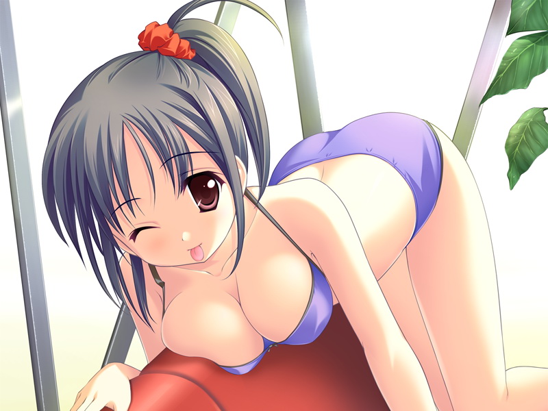 ;p, backstage, backstage_(tjr), bikini, breast_press, breasts, kamiyama_yutori, leaf