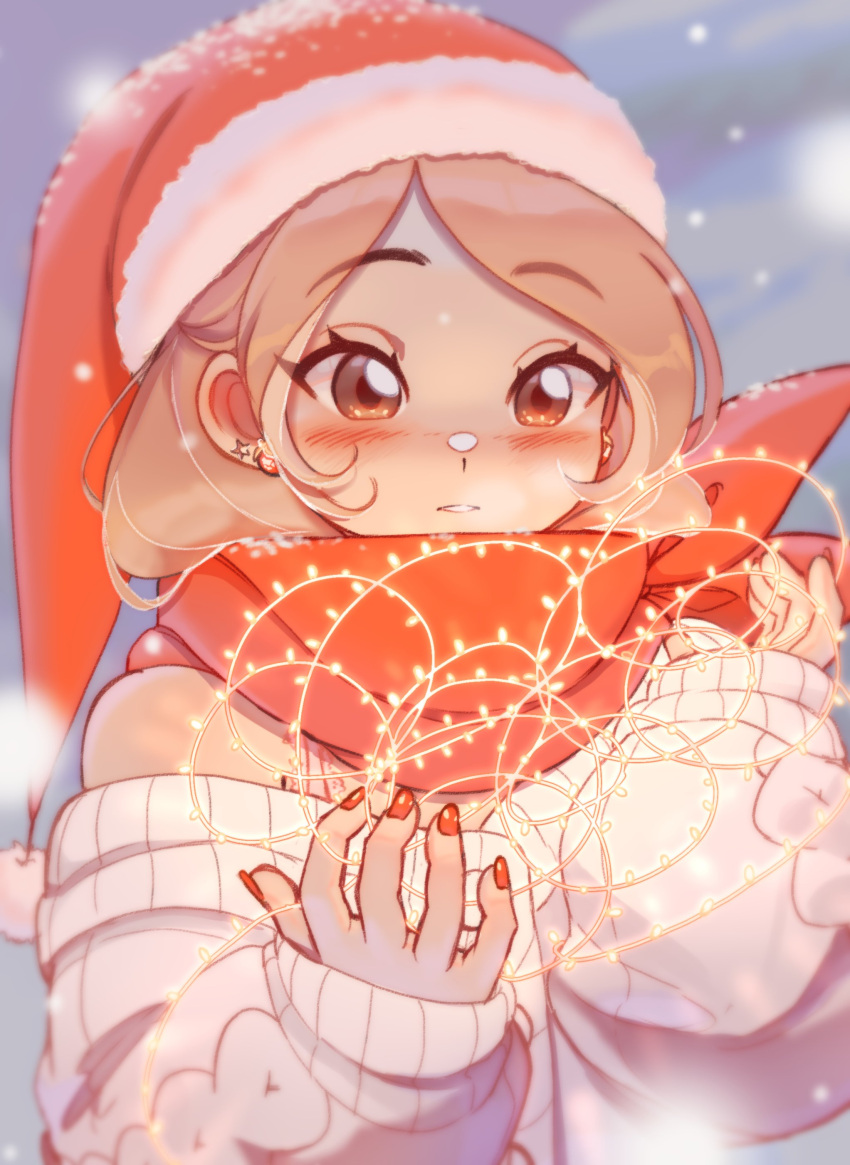 1girl, absurdres, bangs, blush, brown_hair, christmas, christmas_lights, cudlil