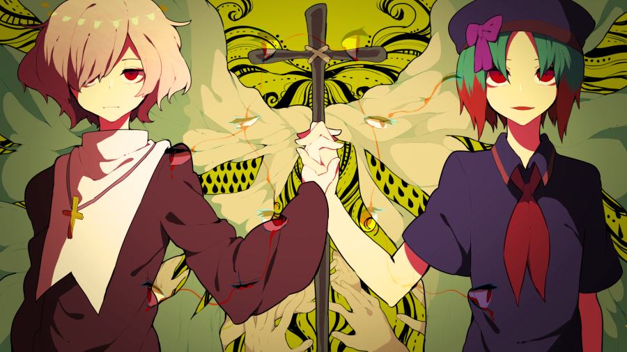 2boys, bow, collared_shirt, commentary_request, cross, cross_necklace, expressionless, green_hair