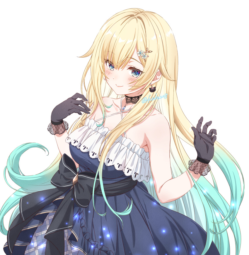 1girl, absurdres, aizawa_ema, armpit_crease, bangs, bare_shoulders, black_gloves, blonde_hair