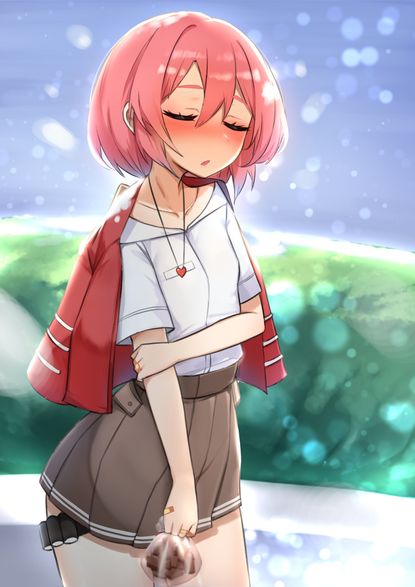 1girl, absurdres, arm_across_chest, bag, bandaid, bandaid_on_hand, blurry, blurry_background