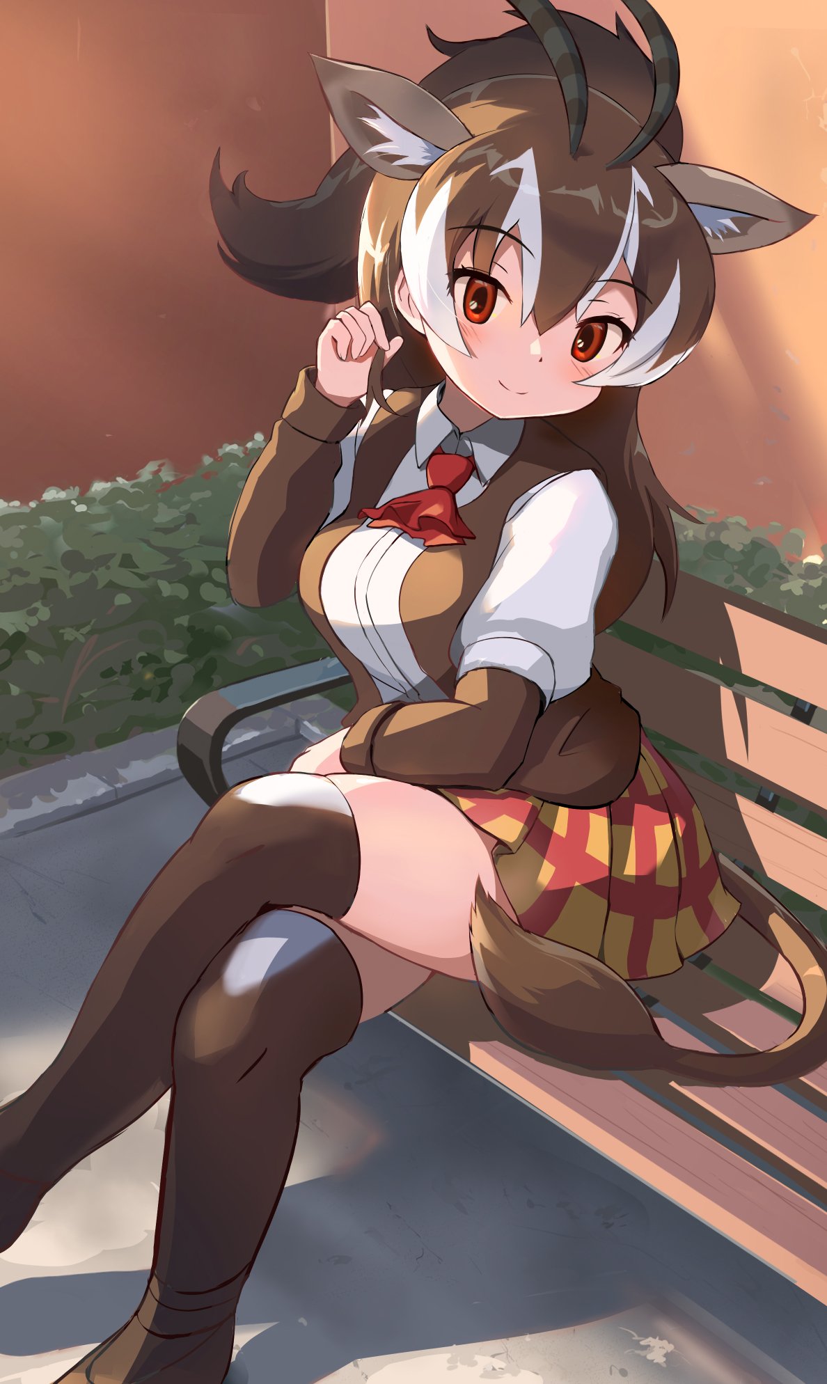1girl, antelope_ears, antelope_horns, blush, brown_hair, brown_shirt, brown_thighhighs, collared_shirt