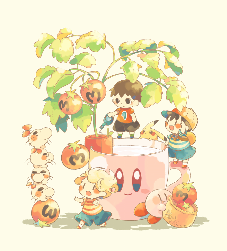 3boys, :d, :p, animal_crossing, backpack, bag, baseball_cap, basket, black_eyes, black_hair, black_shorts, blonde_hair, blue_shirt, blue_shorts, blush, blush_stickers, brown_hair, closed_mouth, commentary_request, cup, doseisan, hat, hitofutarai, holding, holding_basket, holding_watering_can, kirby, kirby_(series), leaf, lucas_(mother_3), maxim_tomato, mother_(game), mother_2, mother_3, mug, multicolored_clothes, multiple_boys, ness_(mother_2), open_mouth, pikachu, plant, pokemon, pokemon_(creature), quiff, red_footwear, red_headwear, red_shirt, shadow, shirt, shoes, short_hair, short_sleeves, shorts, sideways_hat, simple_background, smile, socks, solid_oval_eyes, stack, striped, striped_shirt, super_smash_bros., t-shirt, tomato, tomato_plant, tongue, tongue_out, two-tone_shirt, villager_(animal_crossing), watering, watering_can, white_background, white_socks, yellow_shirt