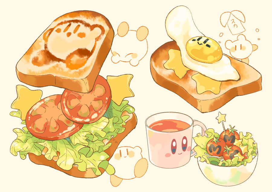 blush, blush_stickers, bowl, bread, cheese, closed_eyes, closed_mouth, coffee