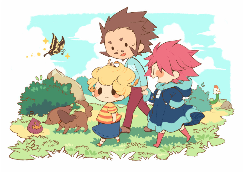 1girl, 2boys, baked_yammonster, blonde_hair, blue_dress, blue_shirt, blue_shorts, blue_sky