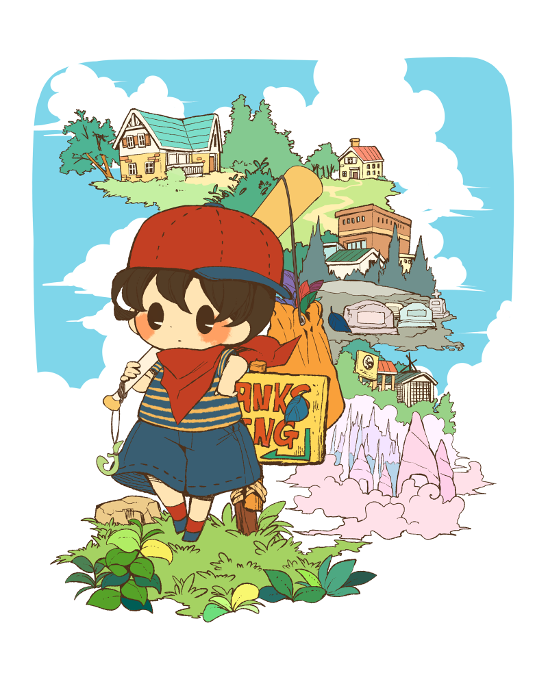 1boy, arrow_(symbol), bag, bandana, baseball_bat, baseball_cap, black_hair, blue_shirt