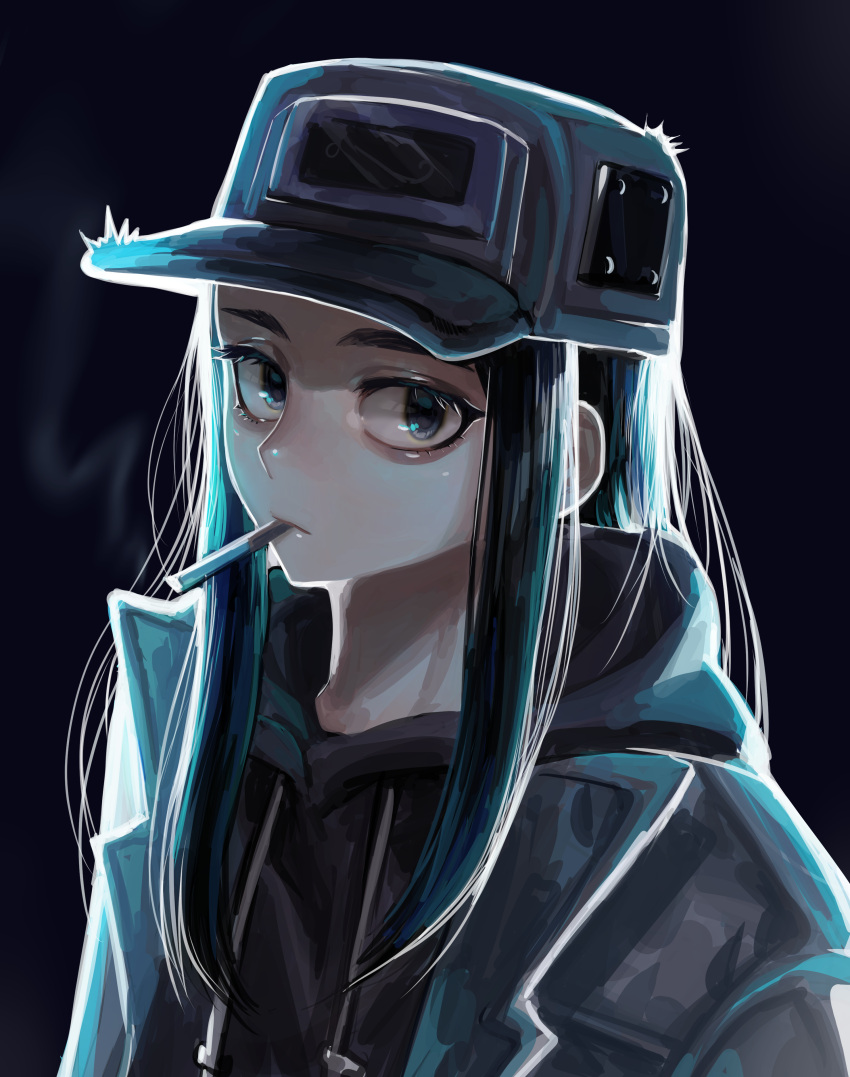 1girl, absurdres, black_background, black_eyes, black_hair, black_hoodie, cassette_girl_(taikodon), cigarette