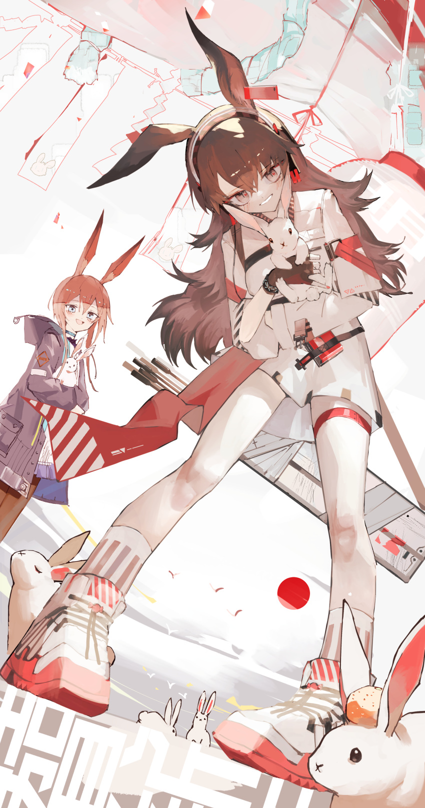 2girls, :d, absurdres, amiya_(arknights), animal_ear_fluff, animal_ears, animal_hug, april_(arknights)
