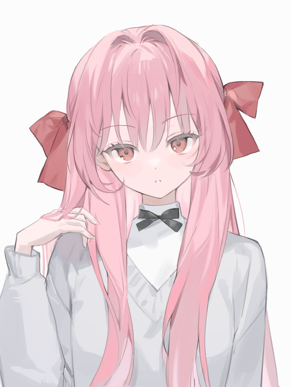 1girl, :o, bangs, black_bow, bow, commission, grey_sweater, hair_between_eyes