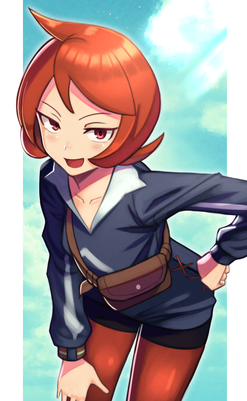 1girl, :d, absurdres, arezu_(pokemon), bangs, black_shorts, blush, bracelet