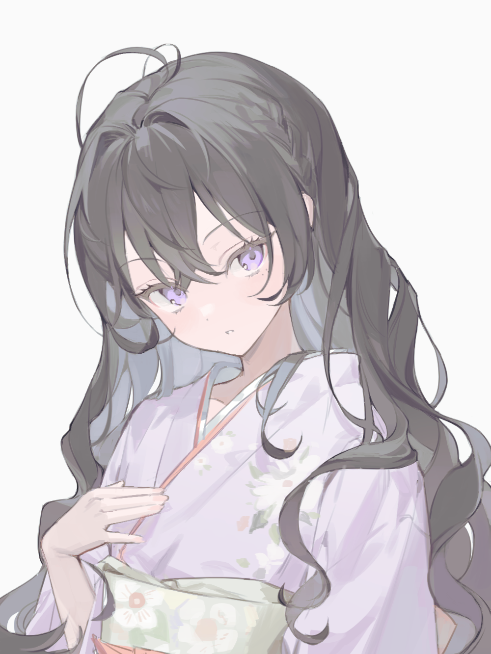 1girl, ahoge, bangs, black_hair, commission, floral_print, hair_between_eyes, hair_intakes