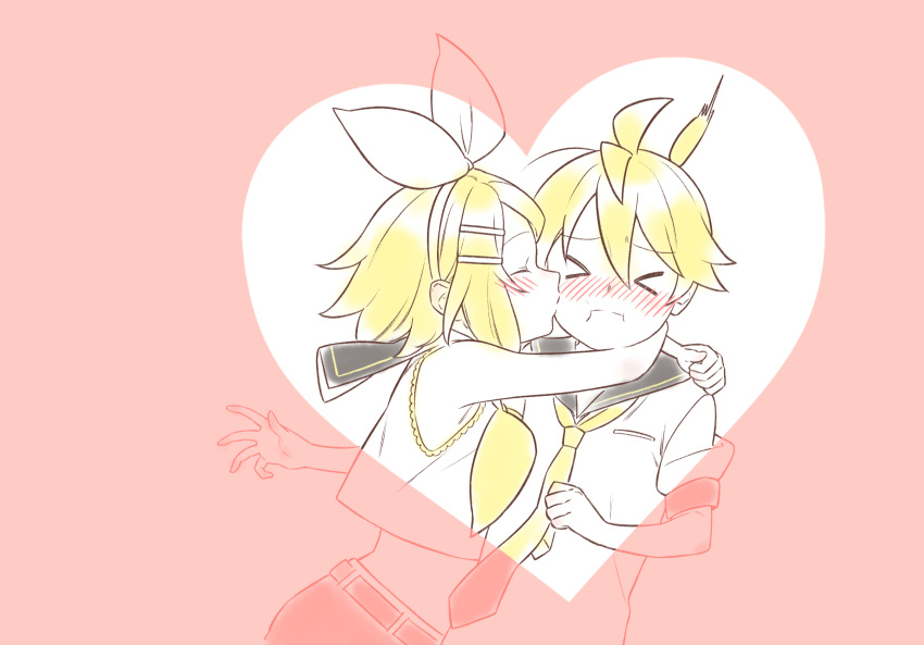 >_<, 1boy, 1girl, :i, ahoge, arched_back, arms_around_neck, bare_arms