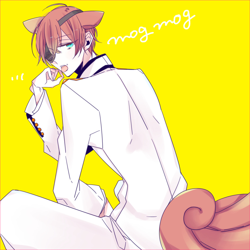 1boy, animal_ears, aqua_eyes, ayakashi_gohan, eyepatch, fox_boy, fox_ears, fox_tail, highres, inushima_yomi, jacket, kitsune, long_sleeves, male_focus, open_mouth, redhead, short_hair, solo, tail, teeth, unm777, white_jacket, yellow_background