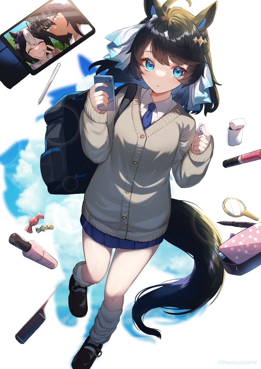 3girls, absurdres, ahoge, alternate_costume, animal_ears, bag, bangs, black_hair