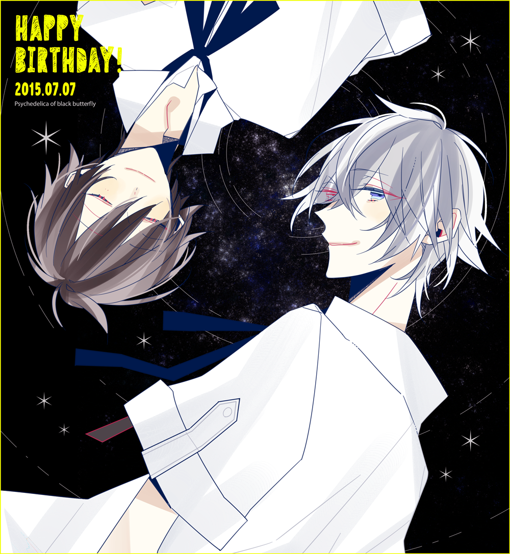 2015, 2boys, black_background, black_hair, blue_eyes, border, closed_eyes, dated