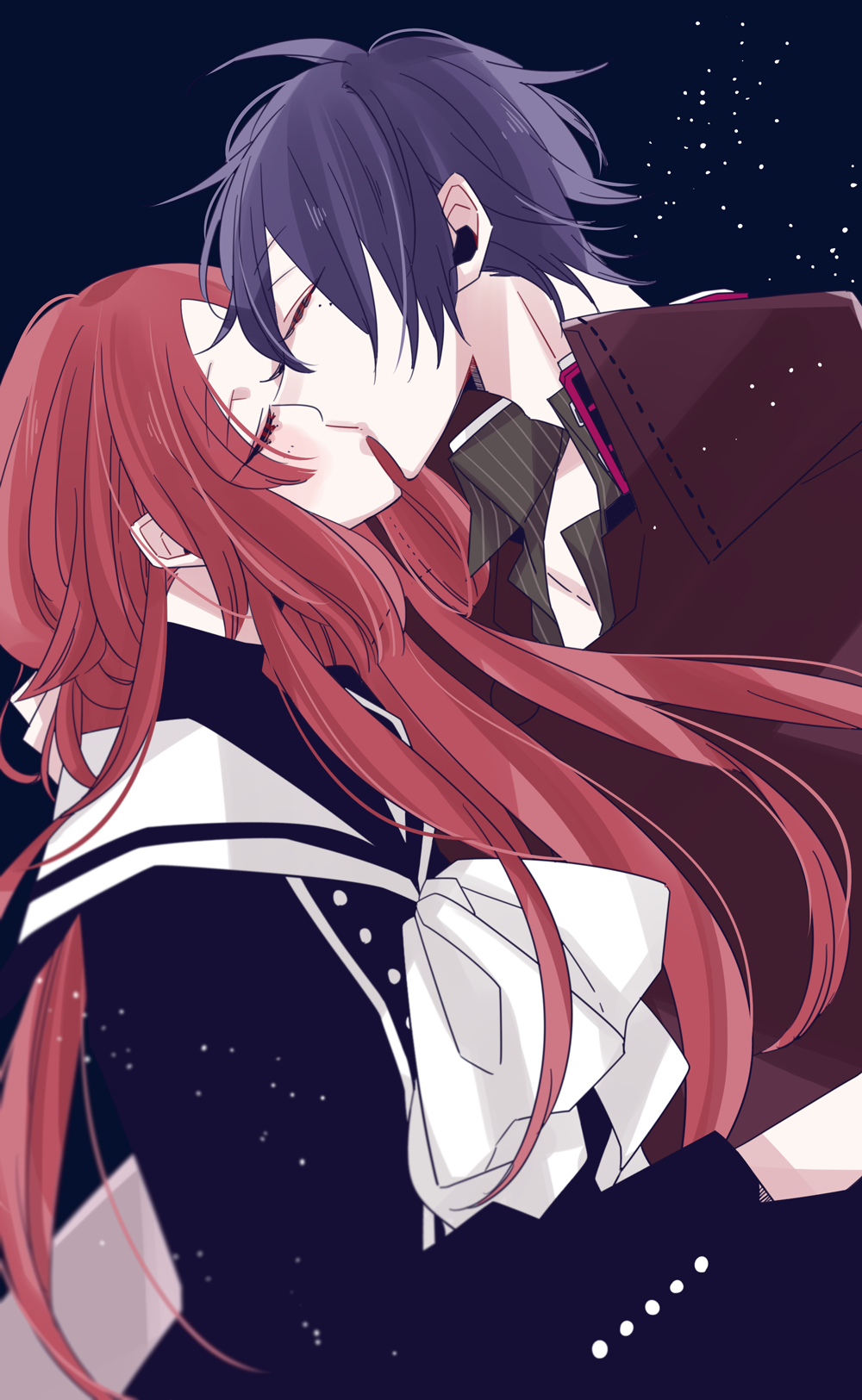 1boy, 1girl, beniyuri_(kokuchou_no_psychedelica), black_hair, black_serafuku, blue_background, brown_jacket, closed_eyes