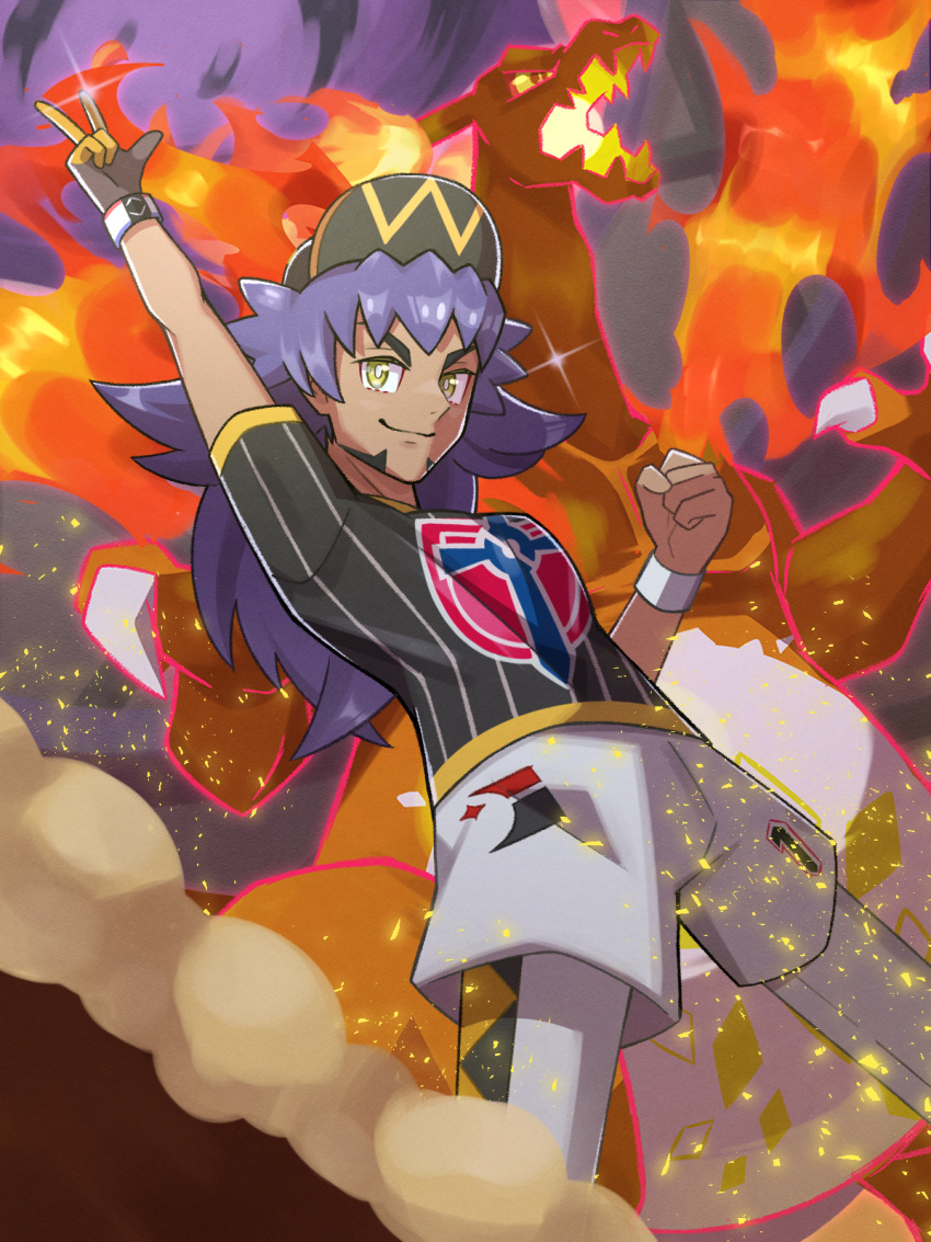 1boy, baseball_cap, champion_uniform, charizard, charizard_pose, claws, colored_sclera, dark-skinned_male