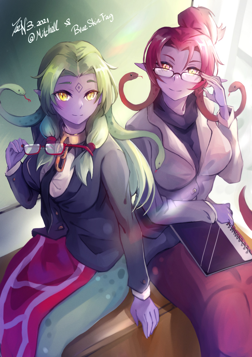 2girls, absurdres, blazer, breasts, chalkboard, classroom, closed_mouth, colored_skin