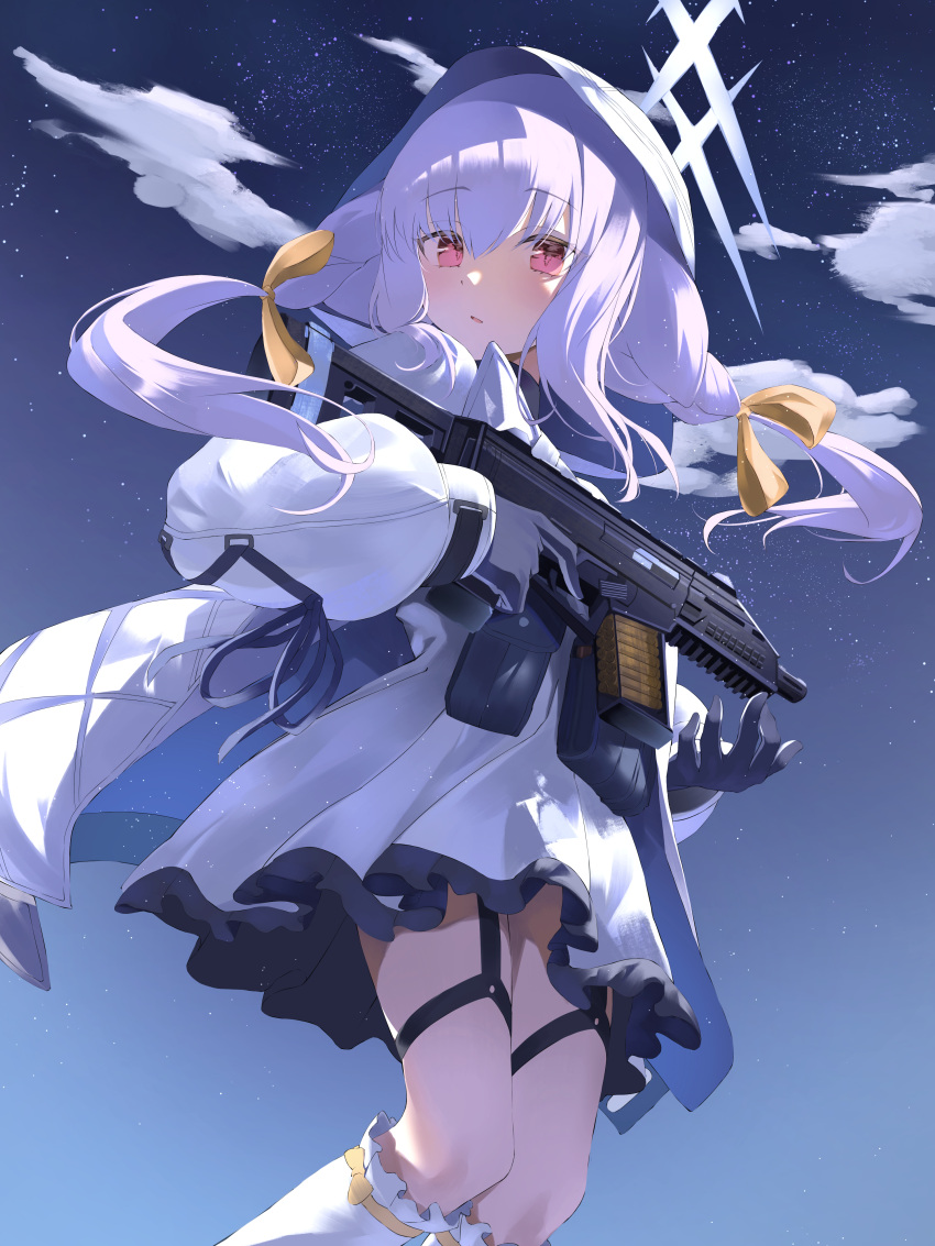 1girl, absurdres, atsuko_(blue_archive), blue_archive, bow, braid, commentary, cz_scorpion_evo_3