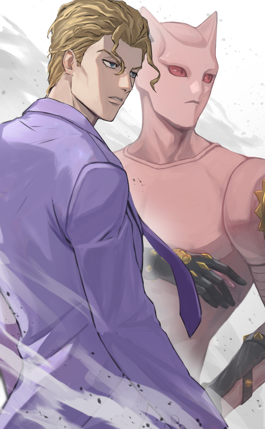 1boy, @acchom_zatta, blonde_hair, blue_eyes, commentary_request, formal, highres, jacket
