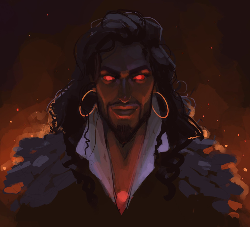 1boy, beard, black_hair, earrings, english_commentary, facial_hair, glowing, glowing_eyes, highres, hoop_earrings, jewelry, lauren_walsh, looking_at_viewer, male_focus, red_eyes, solo, upper_body, warcraft, world_of_warcraft, wrathion