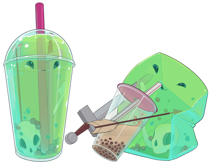 arrow_(projectile), bubble_tea, cup, disposable_cup, drinking, drinking_straw, highres, in_container, lauren_walsh, simple_background, skull, slime_(creature), sword, weapon, white_background