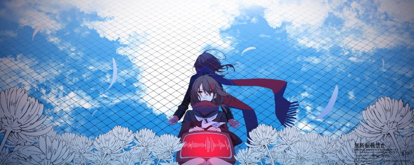 2girls, bangs, black_sailor_collar, black_serafuku, blue_sky, brown_hair, chain-link_fence, clone