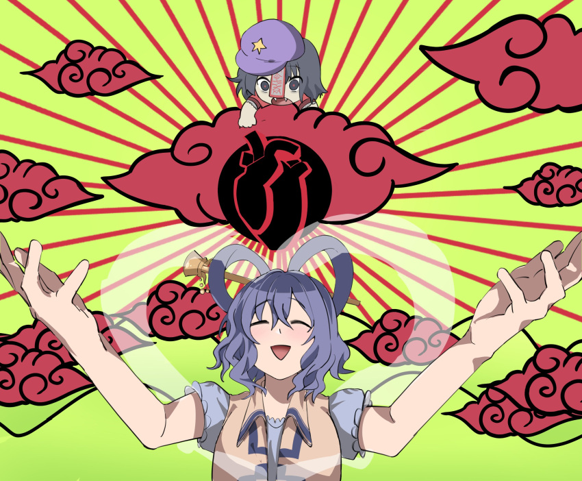 2girls, akatsuki_records, bangs, black_eyes, black_hair, blue_dress, blue_hair, cabbie_hat, chibi, closed_eyes, clouds, collared_vest, commentary, dress, fangs, green_background, hagoromo, hair_between_eyes, hair_ornament, hair_rings, hair_stick, hat, hat_ornament, highres, idola_(mukbangfan22), jiangshi, kaku_seiga, miyako_yoshika, multiple_girls, ofuda, open_clothes, open_mouth, open_vest, purple_headwear, red_pupils, red_shirt, shawl, shirt, short_hair, short_sleeves, smile, star_(symbol), star_hat_ornament, sunburst, sunburst_background, touhou, upper_body, vest, whorled_clouds