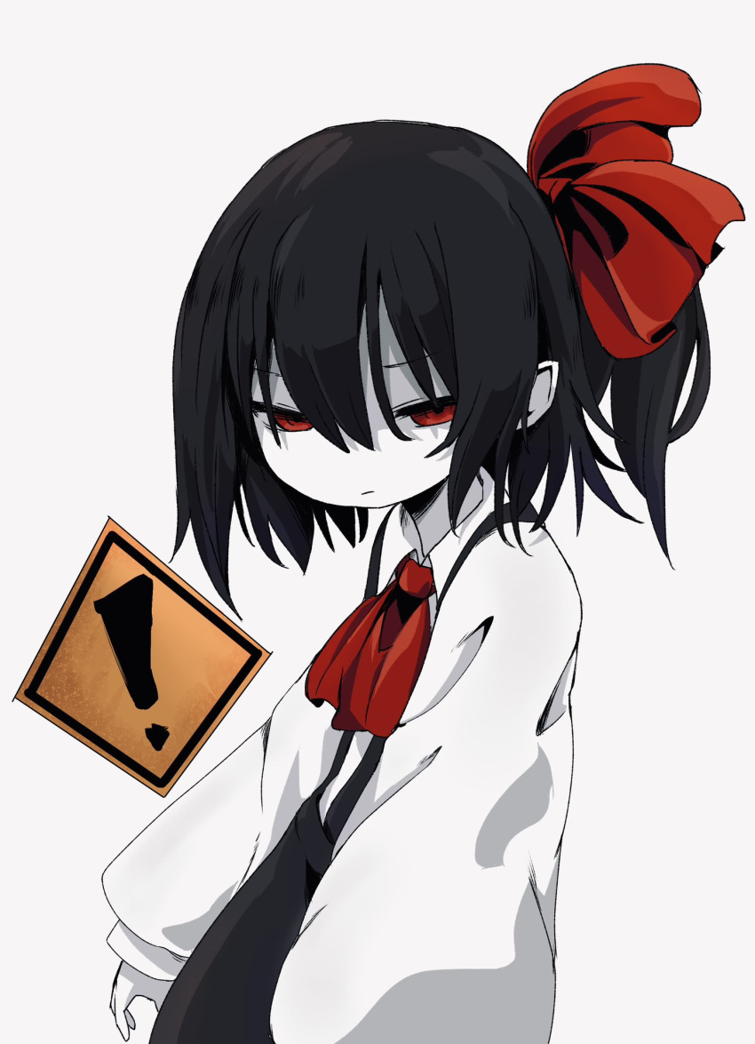 !, 1girl, ascot, bangs, black_hair, black_skirt, bow, closed_mouth