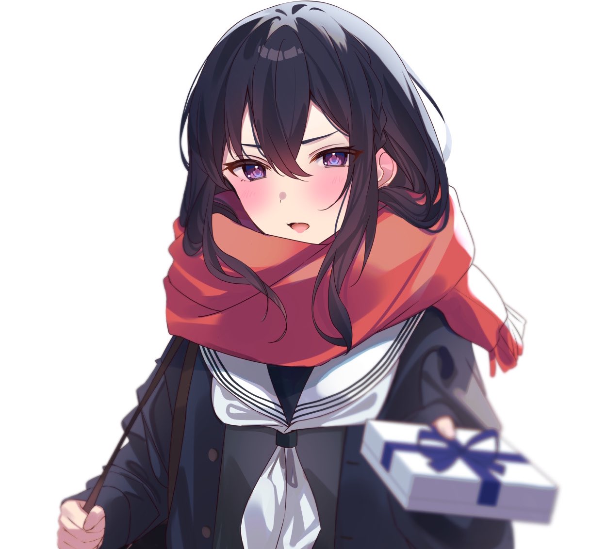 1girl, bag, bangs, black_hair, blue_coat, blue_eyes, blurry, blurry_foreground