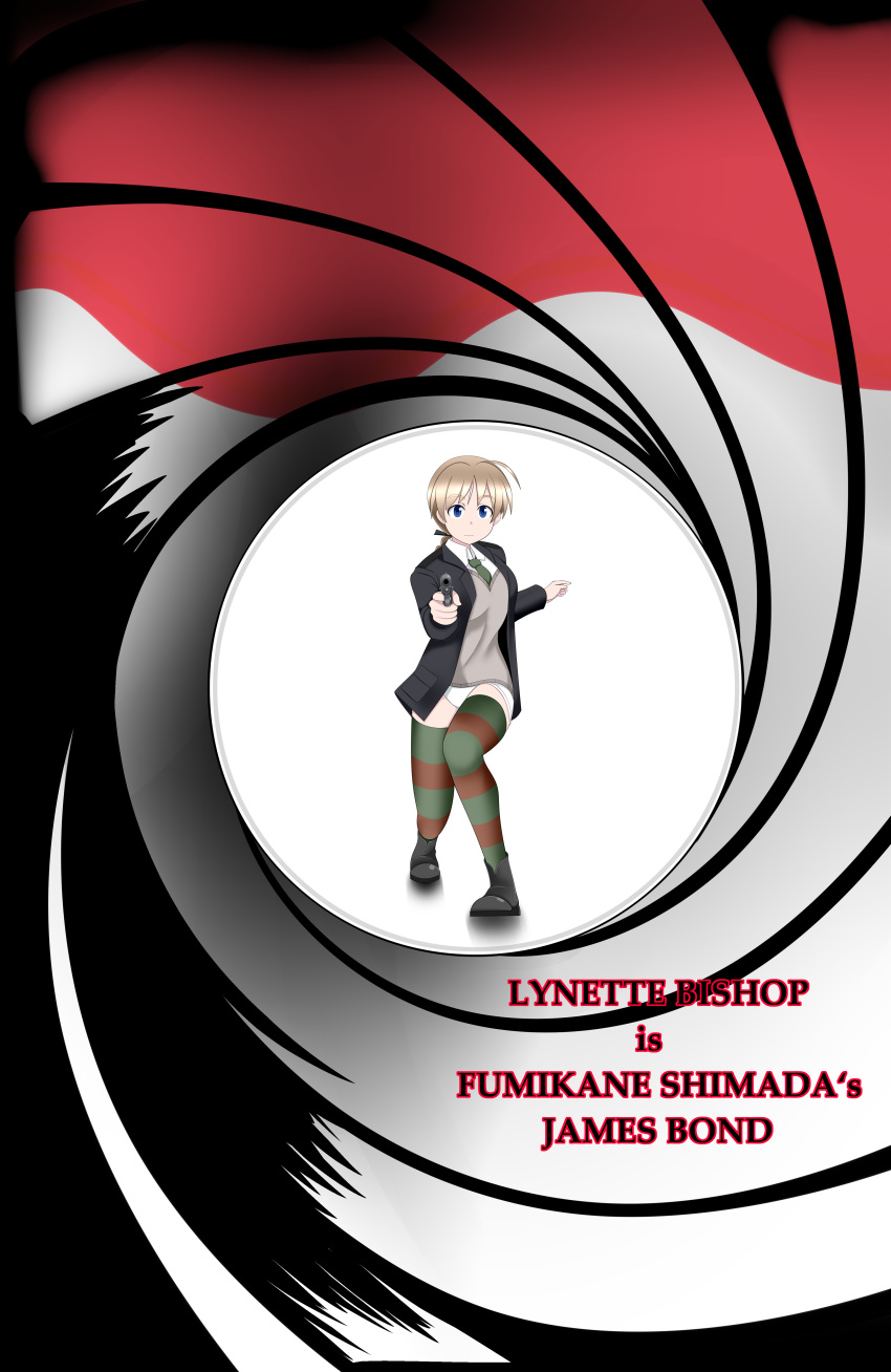1girl, absurdres, blood, blue_eyes, brown_hair, commission, gun, gun_barrel_sequence, handgun, highres, jacket, james_bond_(series), lynette_bishop, military, military_uniform, necktie, no_pants, panties, parody, pixiv_commission, shirt, solo, strike_witches, sweater_vest, tanaka_rikimaru, thigh-highs, underwear, uniform, weapon, world_witches_series