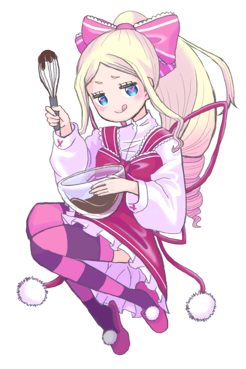 1girl, 69_illust, :p, absurdres, beatrice_(re:zero), blonde_hair, blue_eyes, bow, chocolate_making, drill_hair, floating, full_body, hair_ribbon, highres, long_hair, looking_at_viewer, ponytail, re:zero_kara_hajimeru_isekai_seikatsu, ribbon, sidelocks, simple_background, slippers, smile, solo, striped, striped_thighhighs, symbol-shaped_pupils, thigh-highs, tongue, tongue_out, valentine, whisk, white_background
